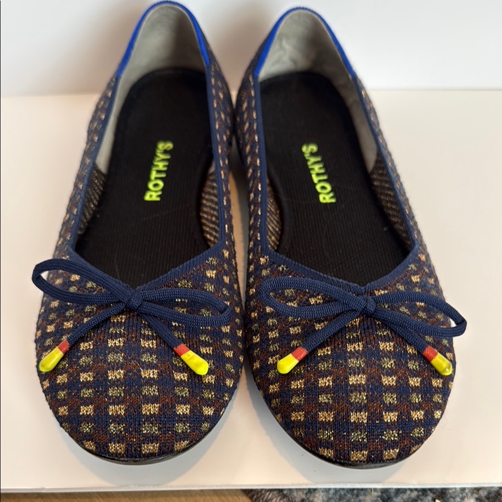 Rothy's Navy and Mustard Patterned Flats